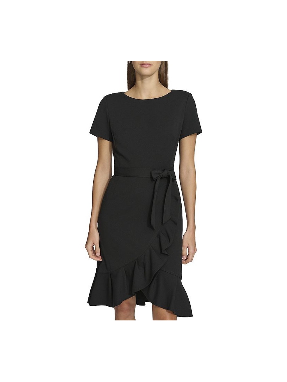 Andrew Marc Black Short-Sleeve Ruffle Wrap Midi Dress with Waist Tie